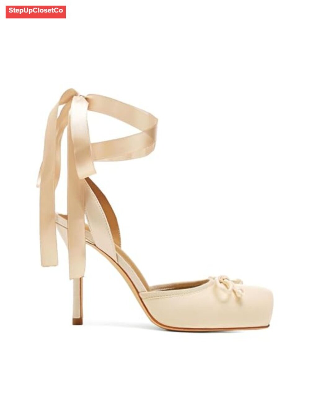 Satin Ballet Heels Women Closed Square Toe Lace Up Pumps